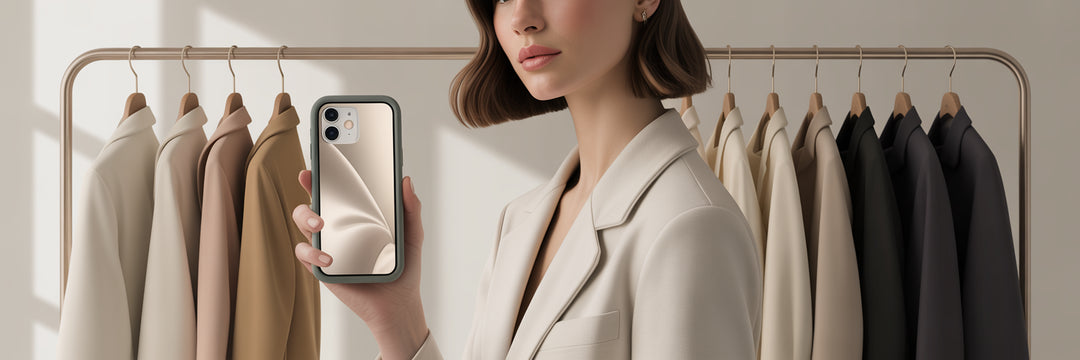 Woman holding iPhone with capsule wardrobe