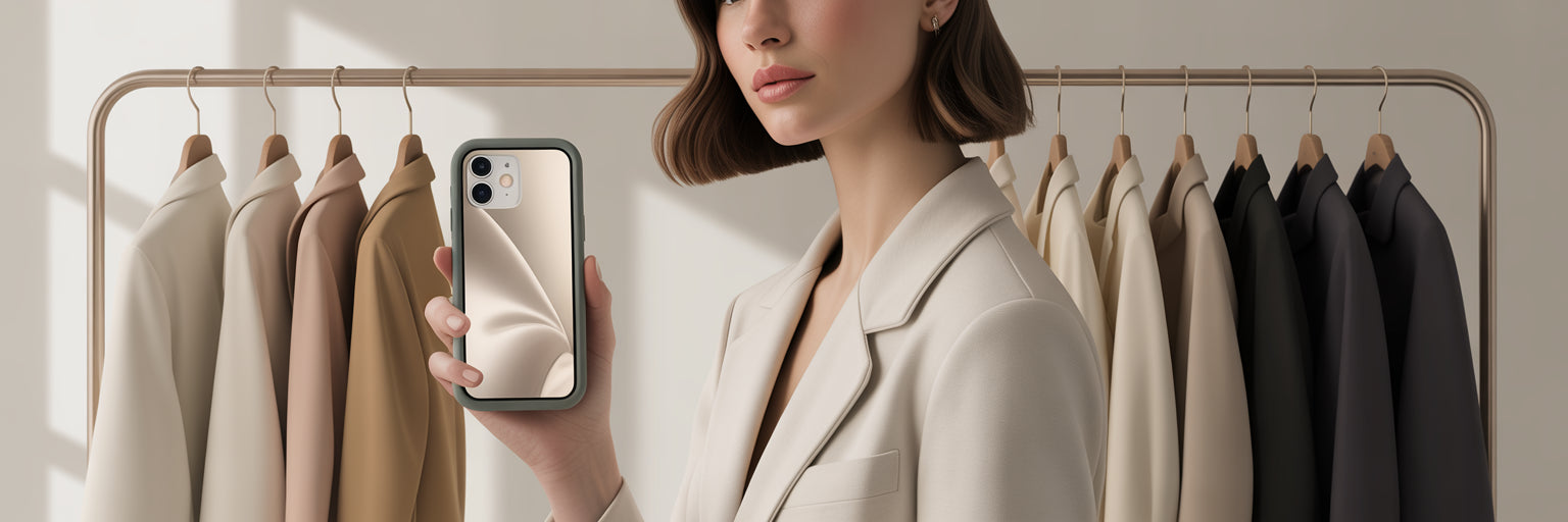 Woman holding iPhone with capsule wardrobe
