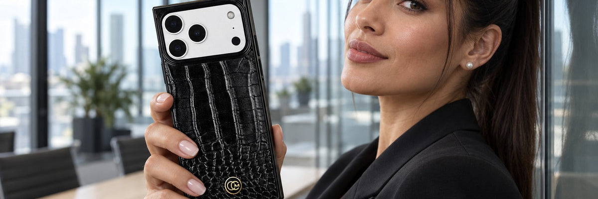 Woman in a black blazer in a glass meeting room holding her phone in a COCOMII embossed faux leather crocodile case in Black