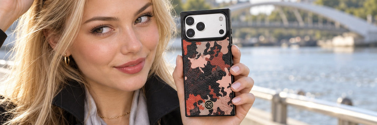 Woman in a black trench on a river promenade holding a COCOMII embossed faux leather crocodile case in Rosewood Camouflage