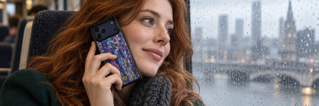 Woman in an emerald green coat on a rainy train holding a COCOMII abalone finish case in Milky Way