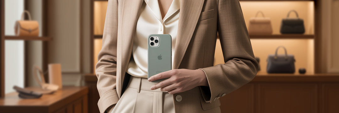 Woman holding a chic rectangle iPhone case