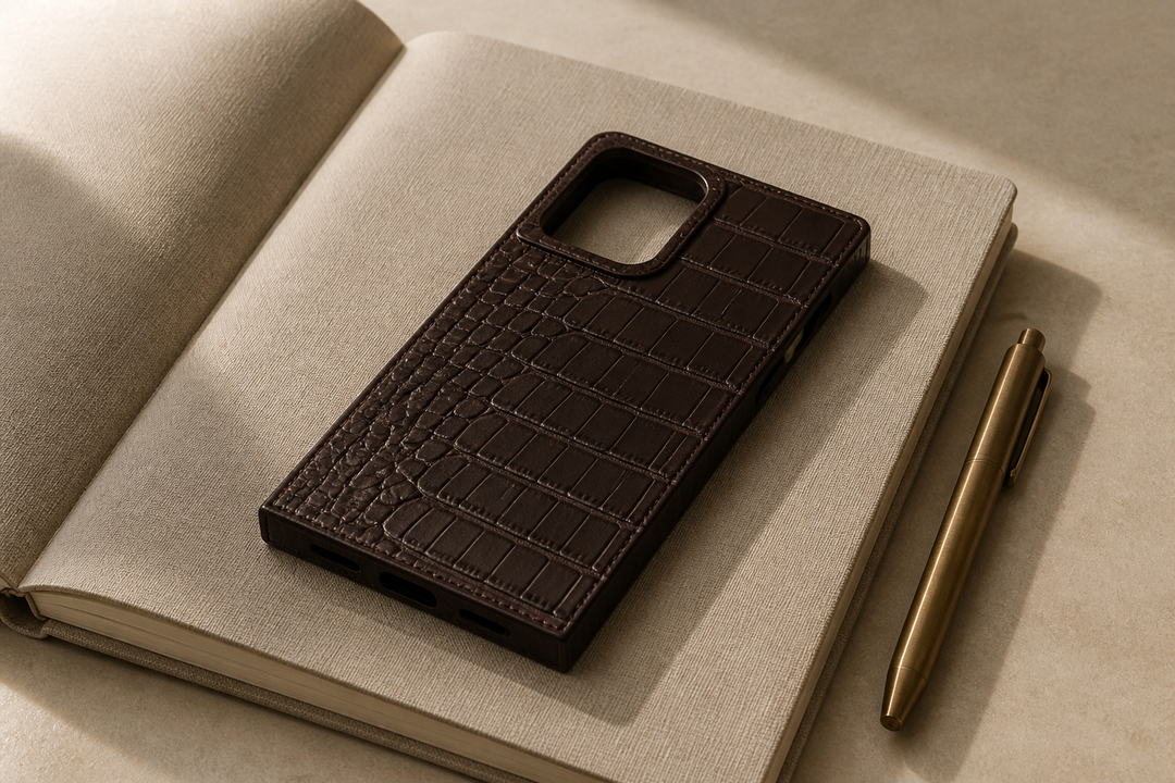 A rectangular iPhone Pro Max case in espresso brown faux leather lying on a linen notebook beside a brass pen