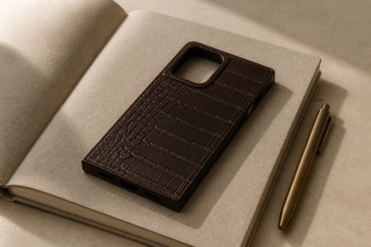 A rectangular iPhone Pro Max case in espresso brown faux leather lying on a linen notebook beside a brass pen