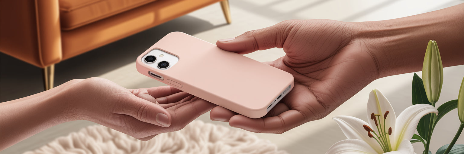 Woman receiving a stylish iPhone case gift.