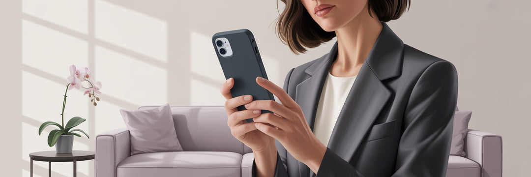 Woman holding iPhone in chic rectangle case.