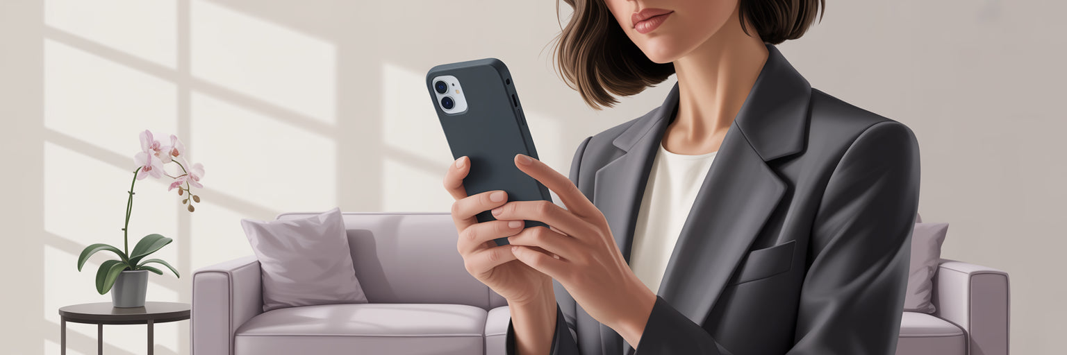 Woman holding iPhone in chic rectangle case.