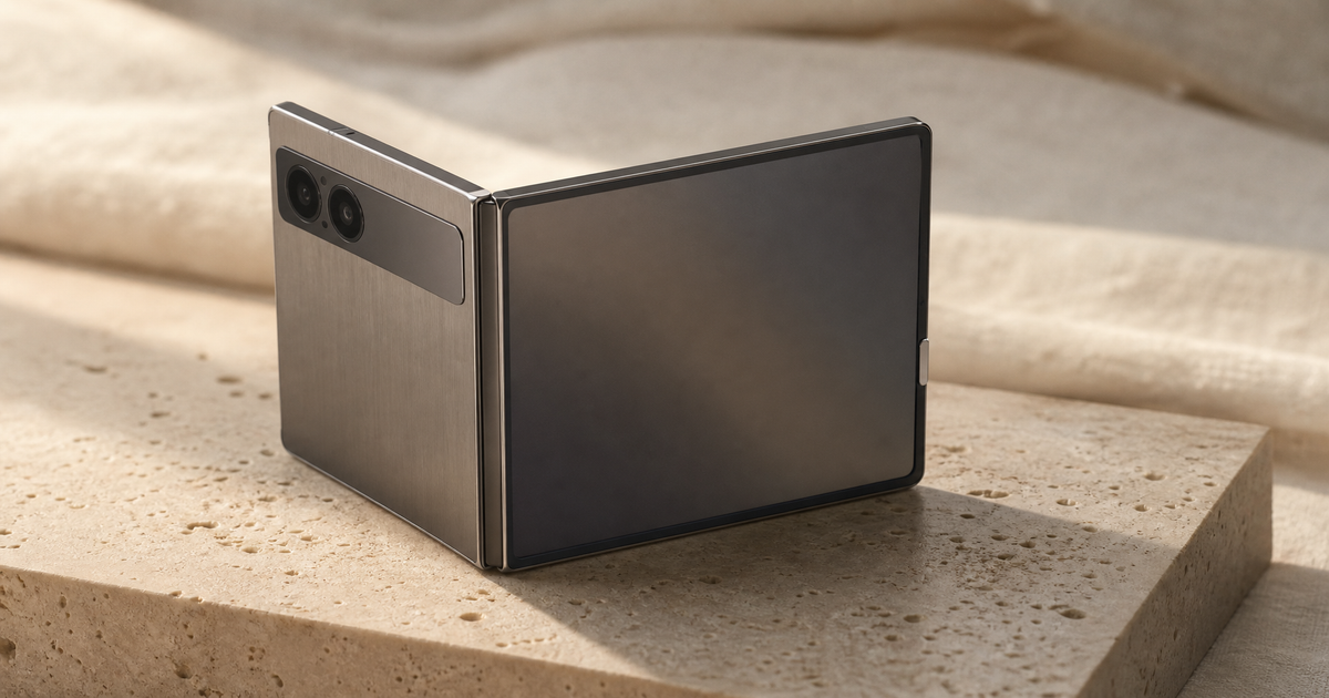 Concept render of a book-style foldable phone standing half open on a stone slab, imagined from published reports rather than an official image.