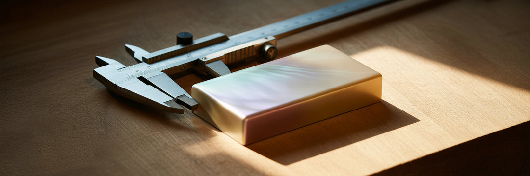 Precision calipers measuring a minimalist rectangle block