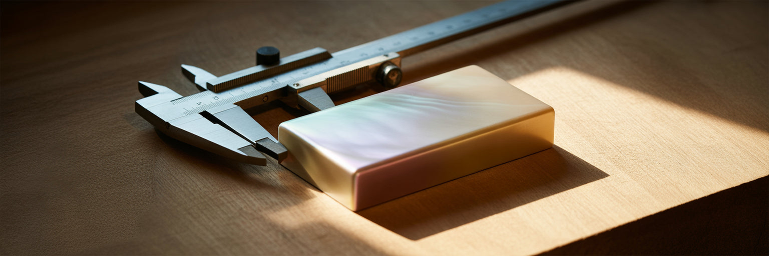 Precision calipers measuring a minimalist rectangle block