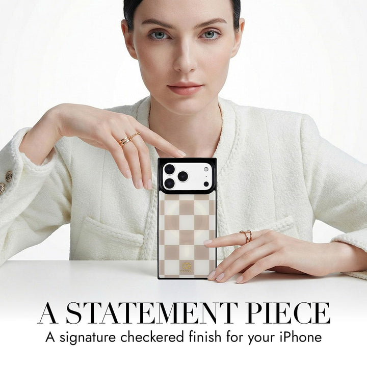 COCOMII checkered MagSafe iPhone case in Neutral - held up on a table as a statement piece