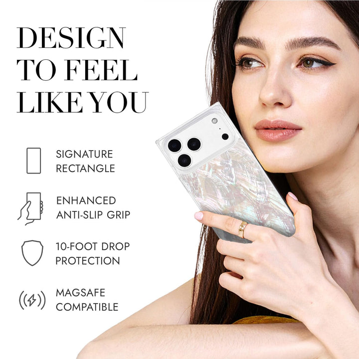 COCOMII mother of pearl MagSafe iPhone case in Natural - held by a model, with the rectangle shape, anti-slip grip, 10-foot drop protection and MagSafe