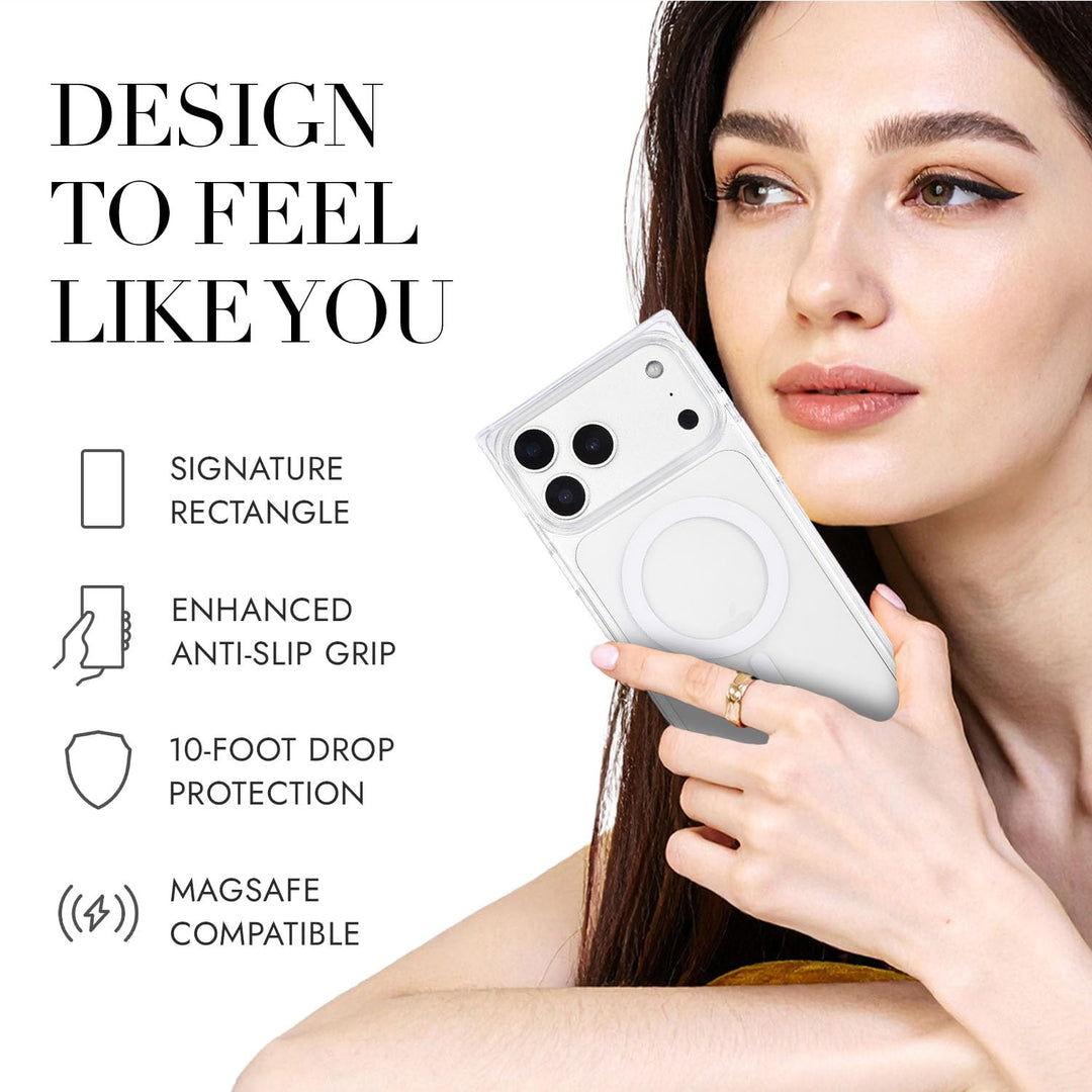 COCOMII clear MagSafe iPhone case in Crystal Clear - held by a model, with the rectangle shape, anti-slip grip, 10-foot drop protection and MagSafe