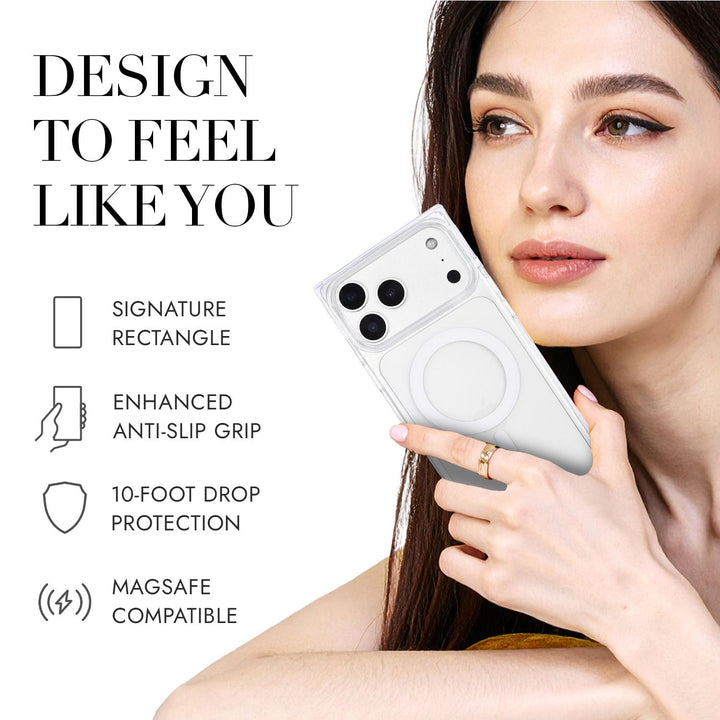 COCOMII clear MagSafe iPhone case in Crystal Clear - held by a model, with the rectangle shape, anti-slip grip, 10-foot drop protection and MagSafe