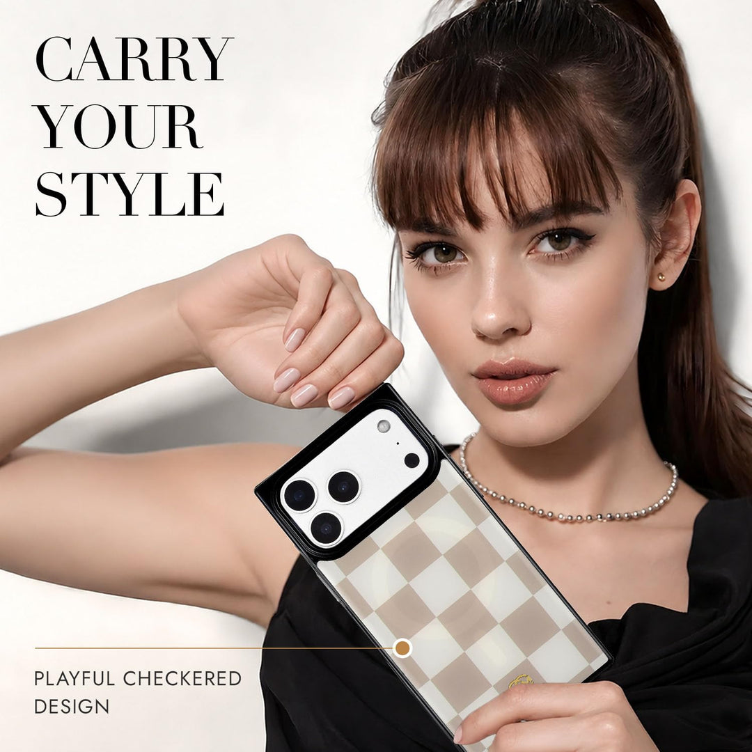 COCOMII checkered MagSafe iPhone case in Neutral - held by a model