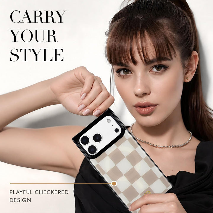 COCOMII checkered MagSafe iPhone case in Neutral - held by a model