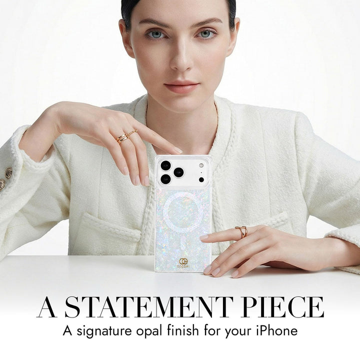 COCOMII opal-effect MagSafe iPhone case in Pearlescent - held up on a table as a statement piece