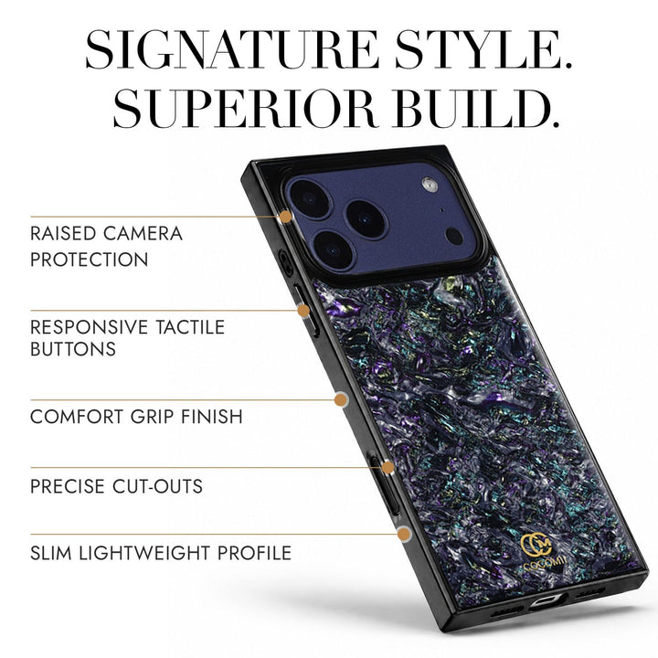 COCOMII abalone-effect MagSafe iPhone case in Galaxy - raised camera protection, tactile buttons, precise cut-outs and a slim profile
