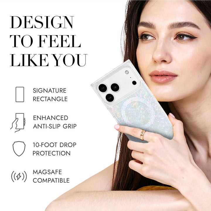 COCOMII opal-effect MagSafe iPhone case in Pearlescent - held by a model, with the rectangle shape, anti-slip grip, 10-foot drop protection and MagSafe