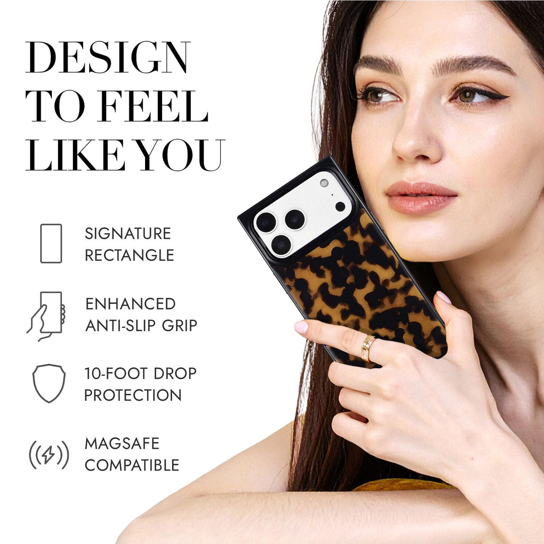 COCOMII tortoiseshell-pattern MagSafe iPhone case in Chestnut - held by a model, with the rectangle shape, anti-slip grip, 10-foot drop protection and MagSafe