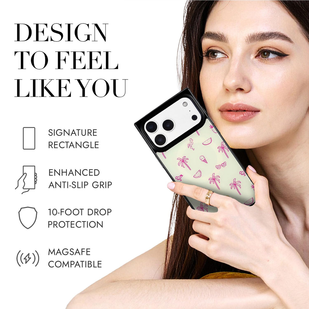 COCOMII coastal print MagSafe iPhone case in Flamingo Paradise - held by a model, with the rectangle shape, anti-slip grip, 10-foot drop protection and MagSafe