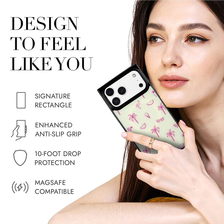 COCOMII coastal print MagSafe iPhone case in Flamingo Paradise - held by a model, with the rectangle shape, anti-slip grip, 10-foot drop protection and MagSafe