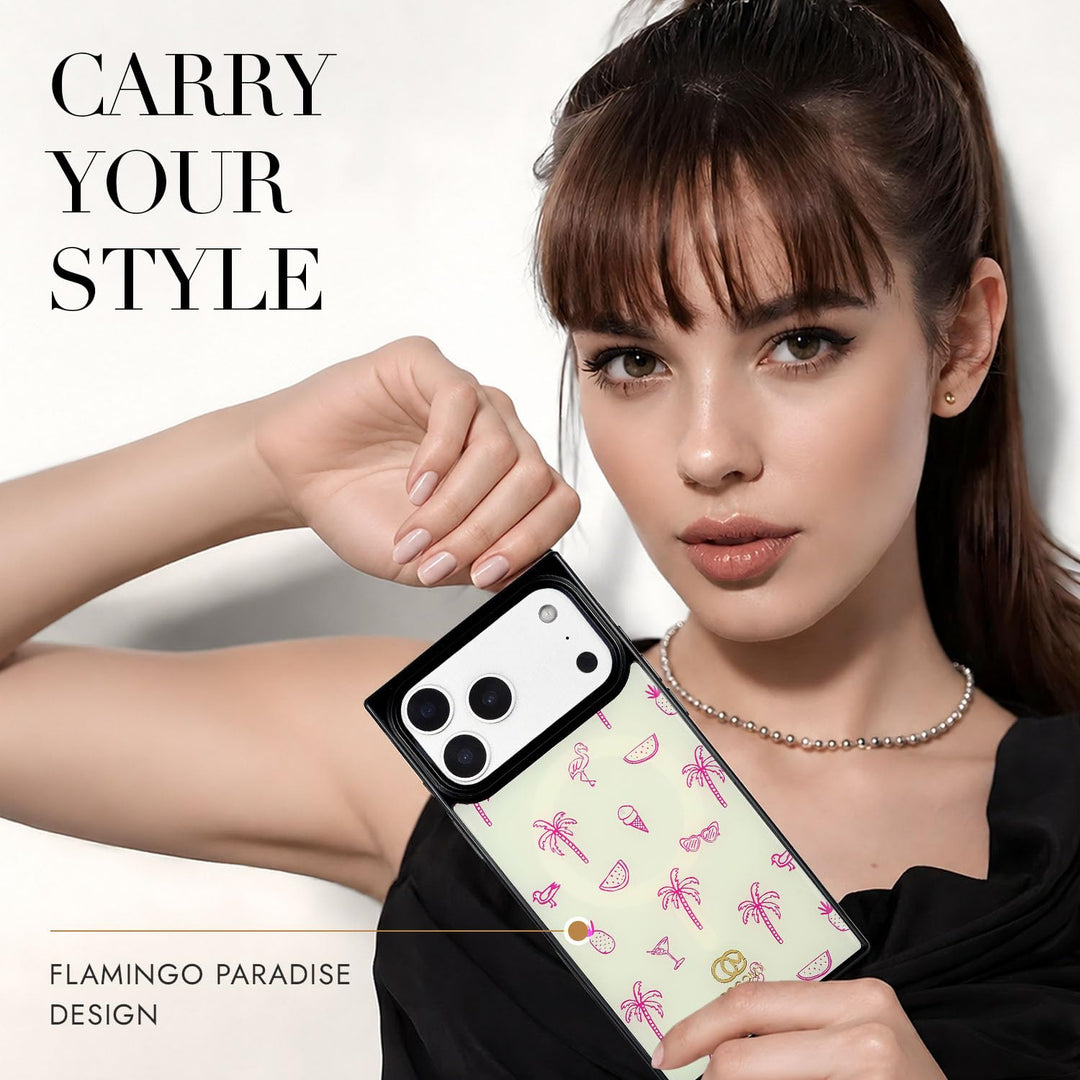 COCOMII coastal print MagSafe iPhone case in Flamingo Paradise - held by a model
