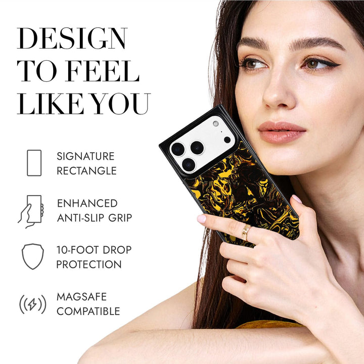COCOMII marble-pattern MagSafe iPhone case in Molten - held by a model, with the rectangle shape, anti-slip grip, 10-foot drop protection and MagSafe