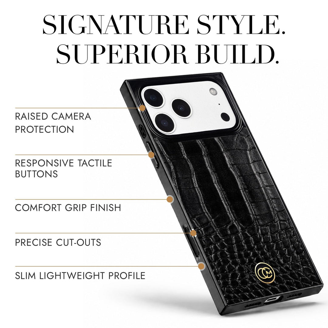 COCOMII croc-embossed MagSafe iPhone case in Black - raised camera protection, tactile buttons, precise cut-outs and a slim profile