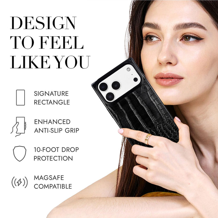 COCOMII croc-embossed MagSafe iPhone case in Black - held by a model, with the rectangle shape, anti-slip grip, 10-foot drop protection and MagSafe