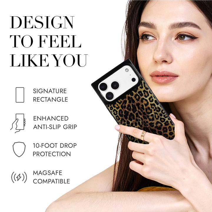 COCOMII leopard print MagSafe iPhone case in Amber - held by a model, with the rectangle shape, anti-slip grip, 10-foot drop protection and MagSafe
