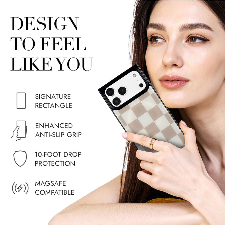 COCOMII checkered MagSafe iPhone case in Neutral - held by a model, with the rectangle shape, anti-slip grip, 10-foot drop protection and MagSafe