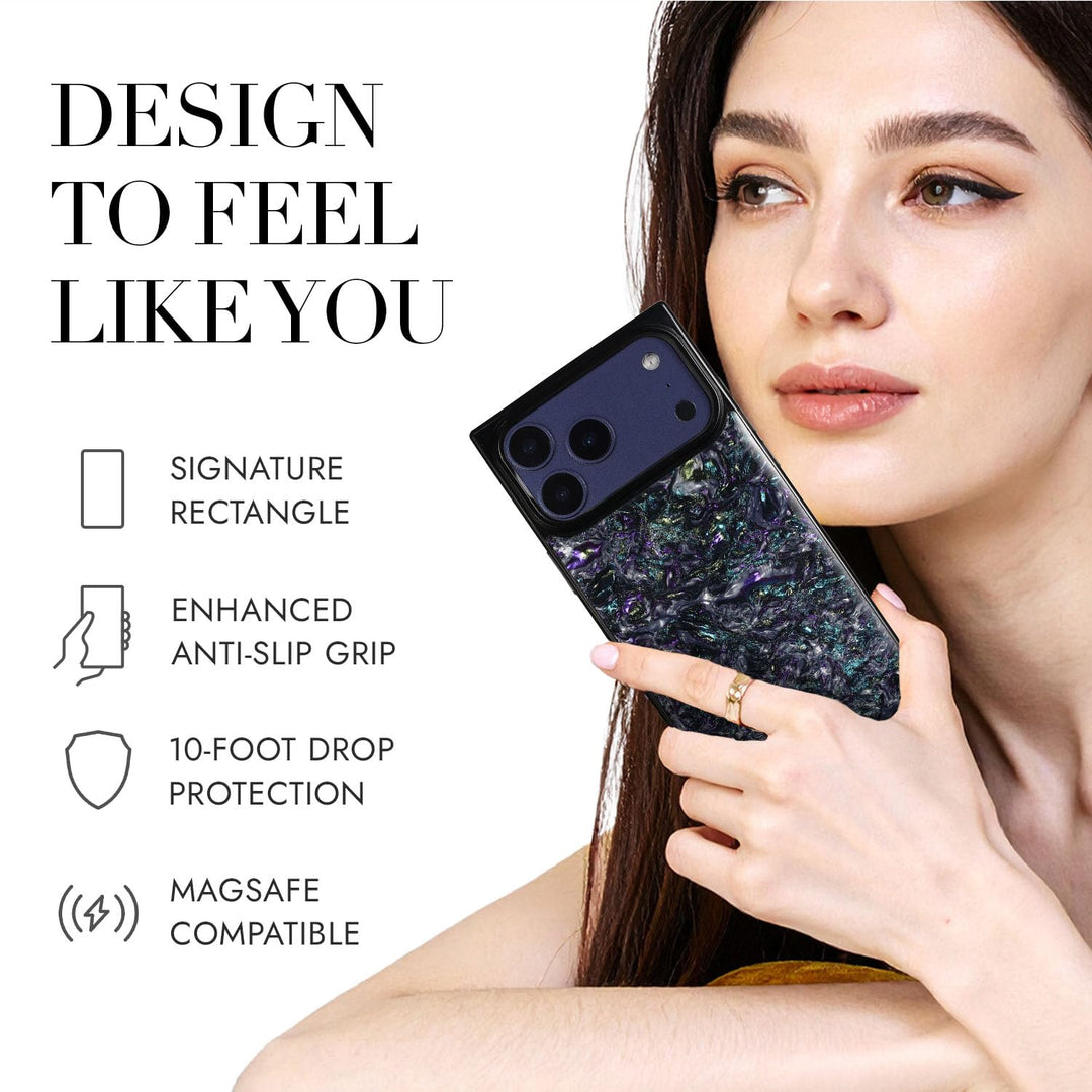 COCOMII abalone-effect MagSafe iPhone case in Galaxy - held by a model, with the rectangle shape, anti-slip grip, 10-foot drop protection and MagSafe