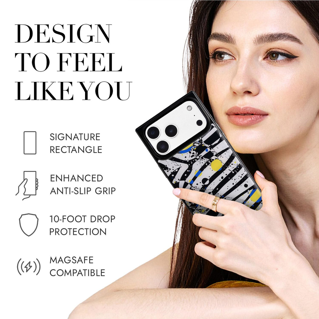 COCOMII zebra print MagSafe iPhone case in Bold Chroma - held by a model, with the rectangle shape, anti-slip grip, 10-foot drop protection and MagSafe