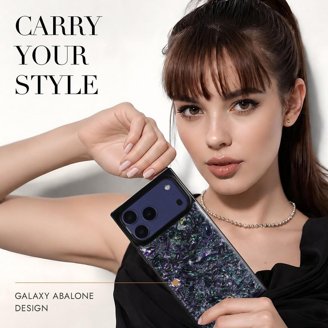 COCOMII abalone-effect MagSafe iPhone case in Galaxy - held by a model