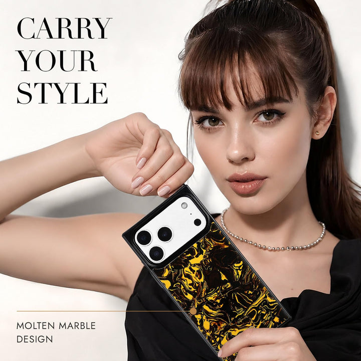 COCOMII marble-pattern MagSafe iPhone case in Molten - held by a model