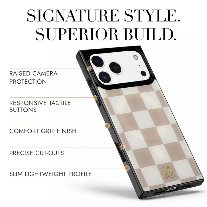 COCOMII checkered MagSafe iPhone case in Neutral - raised camera protection, tactile buttons, precise cut-outs and a slim profile