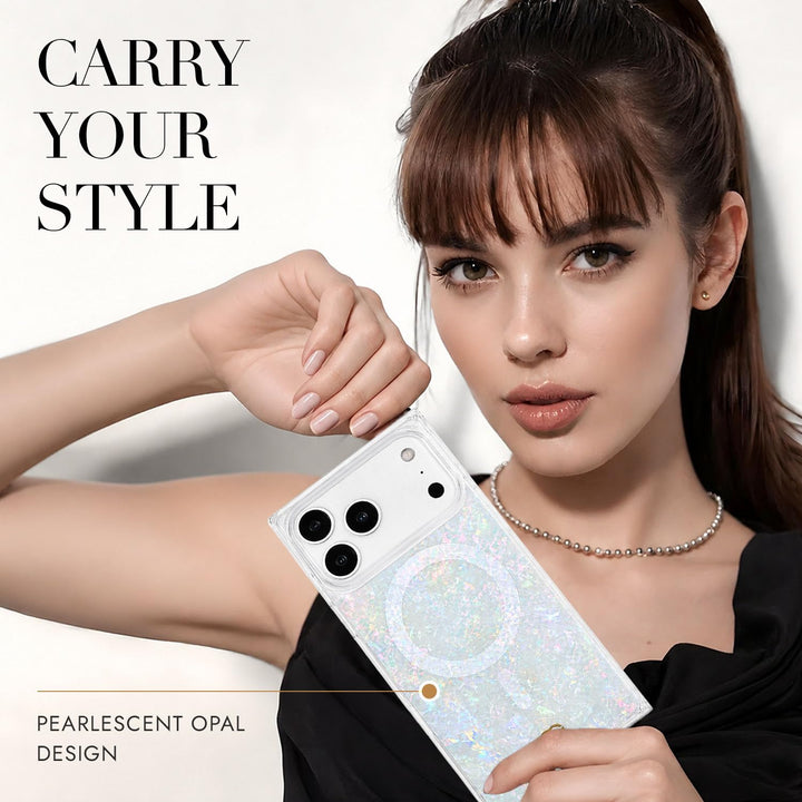 COCOMII opal-effect MagSafe iPhone case in Pearlescent - held by a model