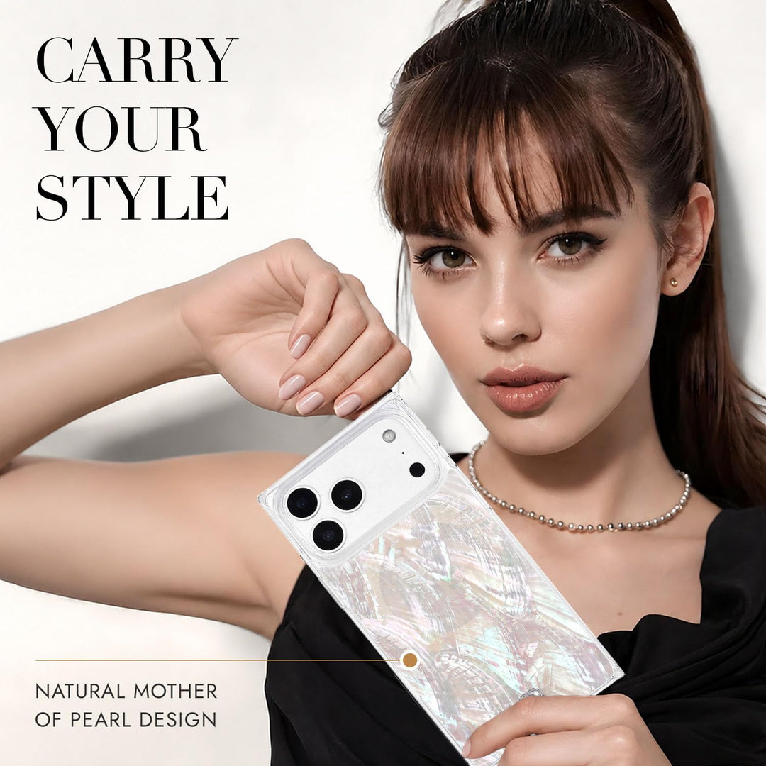 COCOMII mother of pearl MagSafe iPhone case in Natural - held by a model