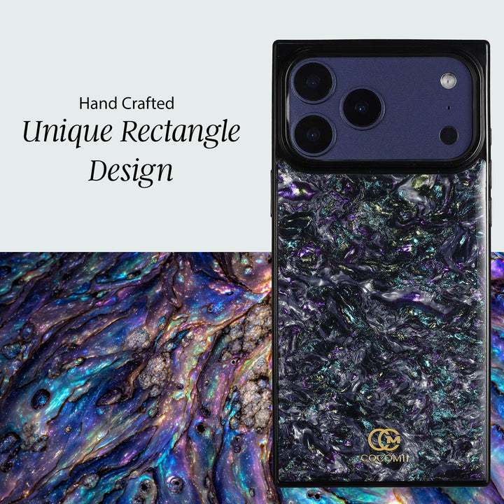 COCOMII abalone-effect MagSafe iPhone case in Galaxy - close-up of the hand-crafted abalone-effect finish